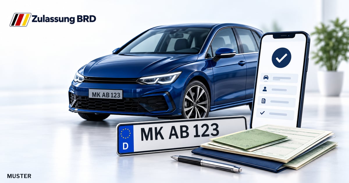 Online Fahrzeugzulassung in Menden (Sauerland): Musterkennzeichen MK AB 123, Auto und Fahrzeugpapiere und Smartphone. Illustration mit Logo von Zulassung BRD.